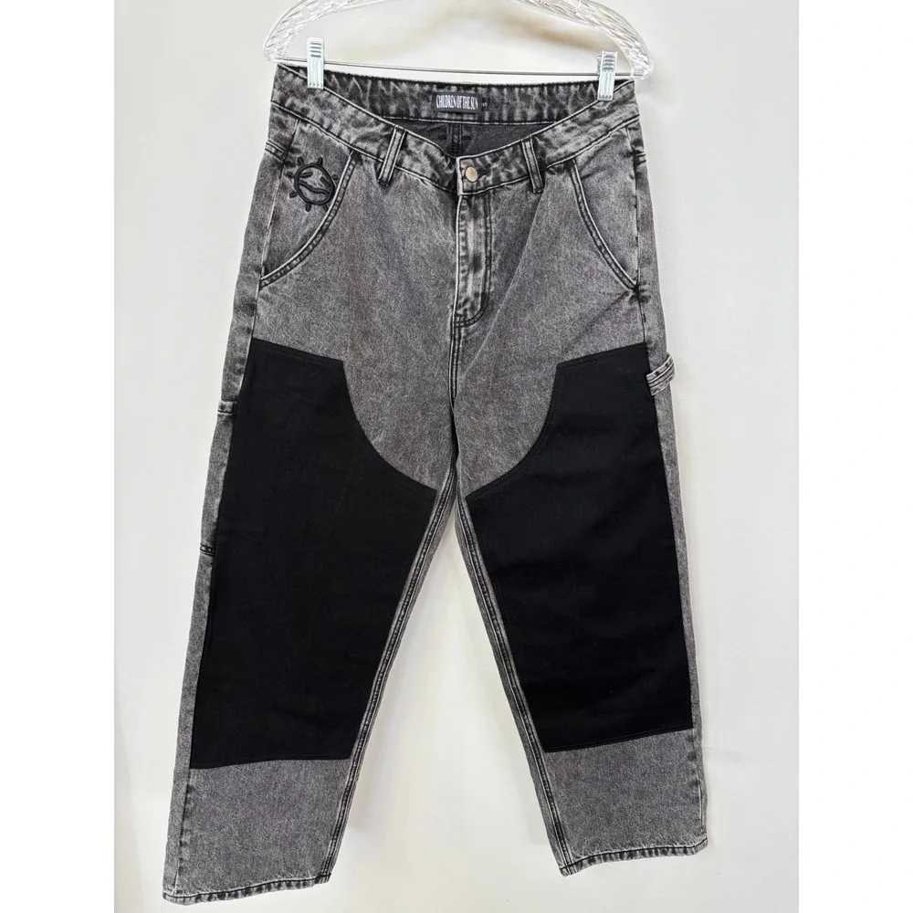 Children of the Sun Acid Wash Carpenter Jeans Gray Black Double Knee Star Moon S